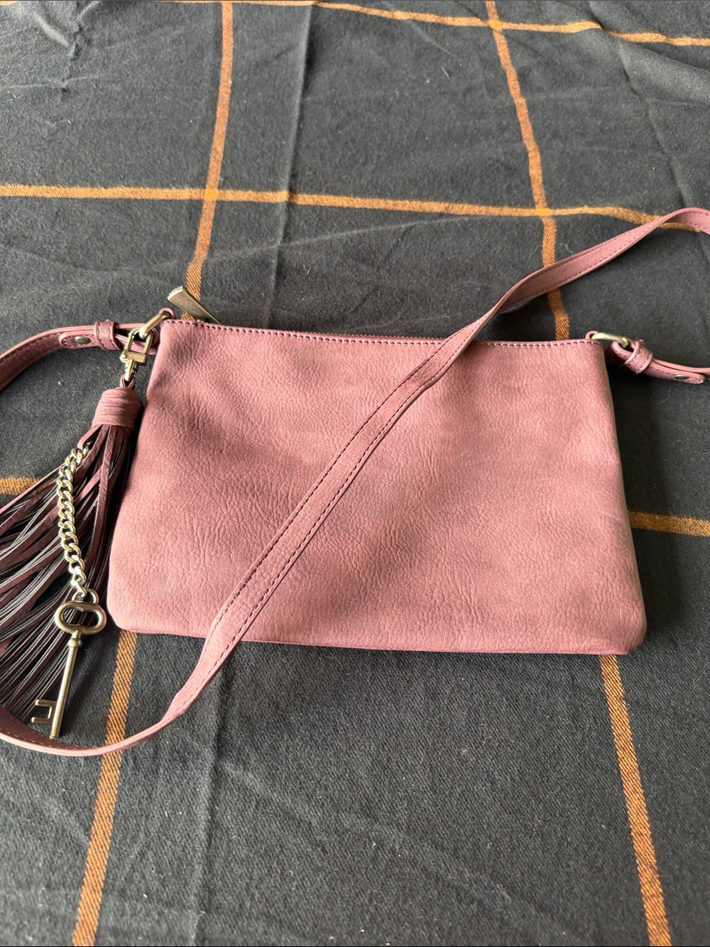 Express Dusty Rose Suede Crossbody Bag with Tassel